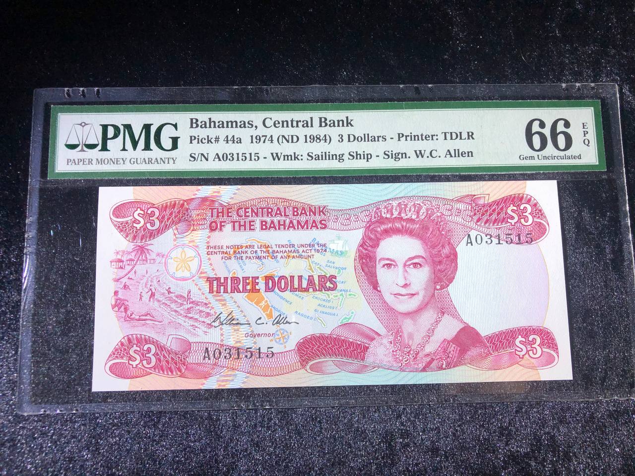 Bahamas Central Bank 3 dollar, 1984 PMG 66 EPQ A031515